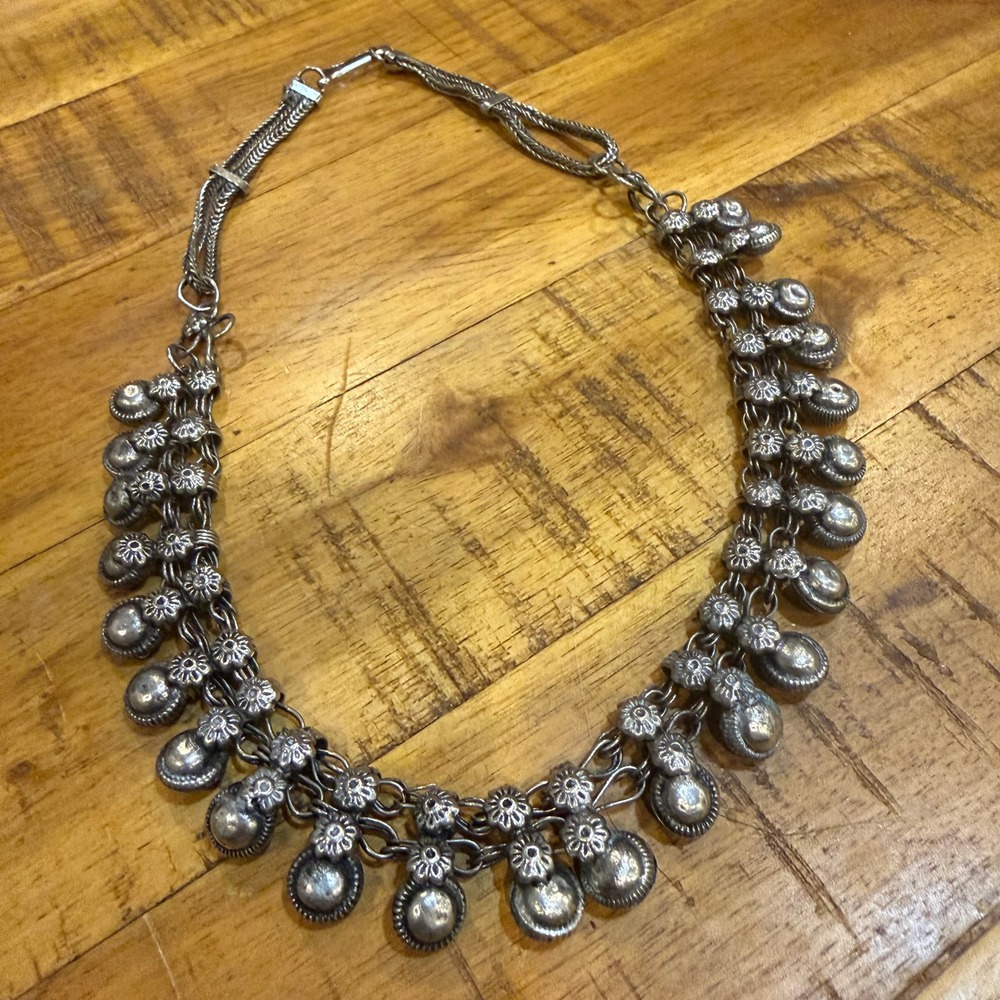 Boho Western Silver Tone Concho Dangle Bib Necklace Floral Statement